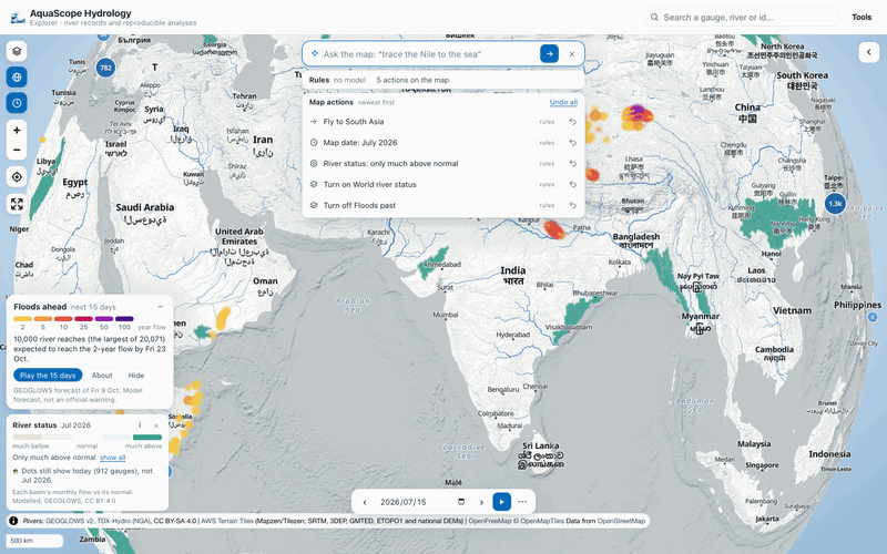 Ask the map: rivers much above normal in South Asia, July 2026