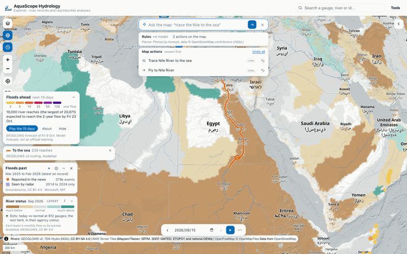 Ask the map: the Nile traced to the sea, each action in the log