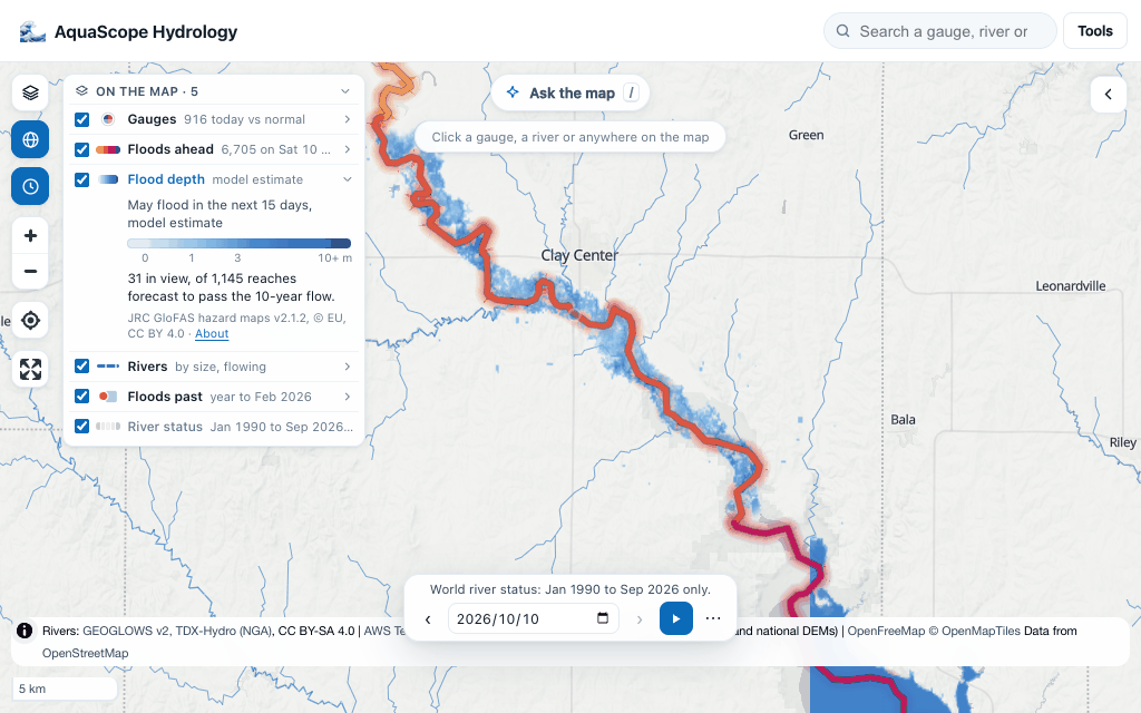 Flood depth along the Republican River in Kansas, where the forecast passes the 10- and 25-year flows