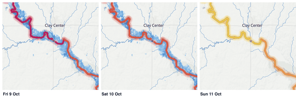 Three forecast days on the Republican River, Kansas: past the 25-year flow, then the 10-year, then below it and the depth is gone