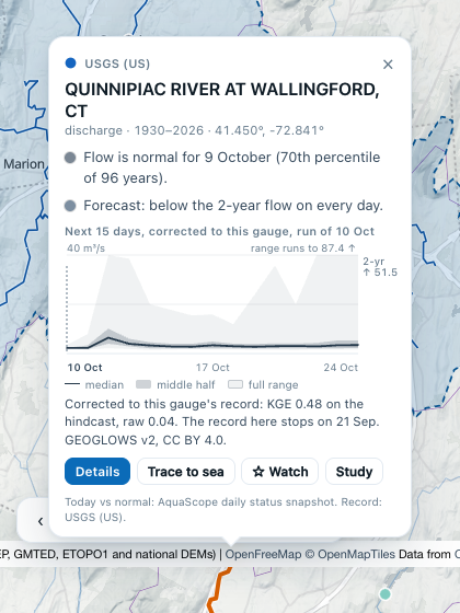 A forecast gauge's card: the plume corrected to the gauge
