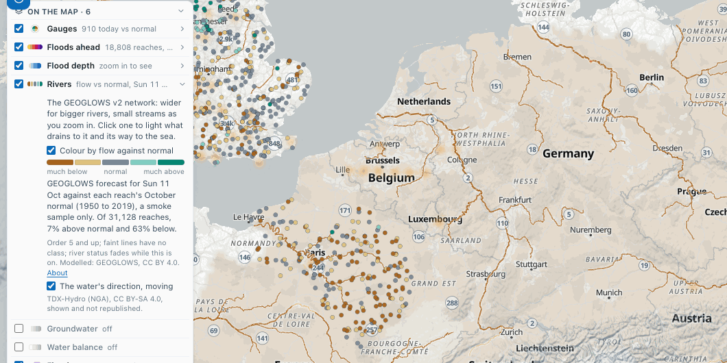 Flow vs normal over western Europe at zoom 5, the basins faded