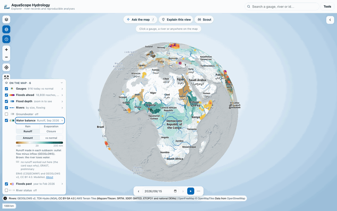 Runoff in September 2026: brown where the Nile loses water
