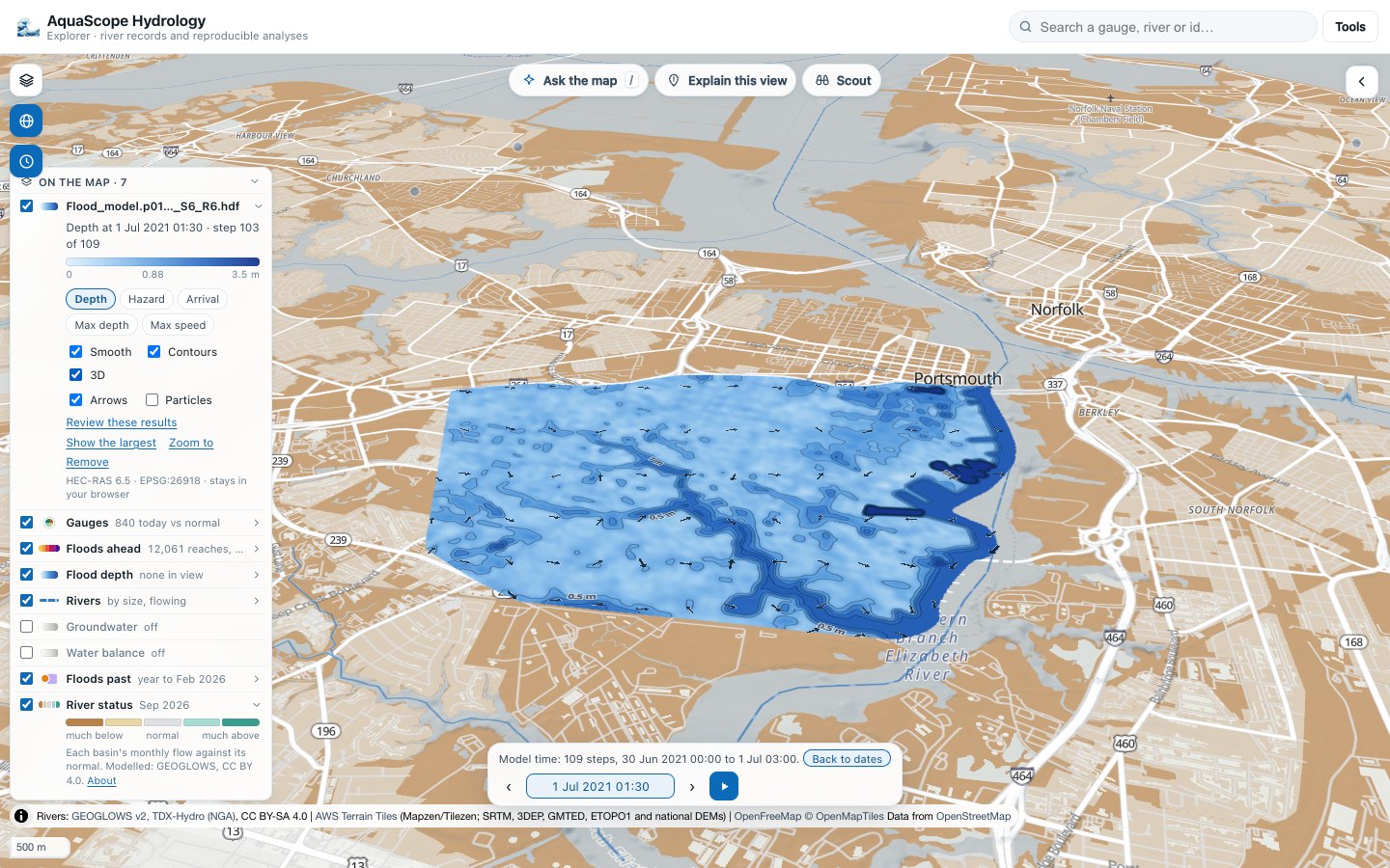 The flood draped over the terrain in 3D