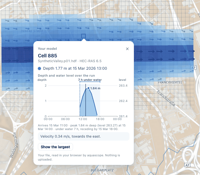 A cell's hydrograph: arrival, peak and time under water